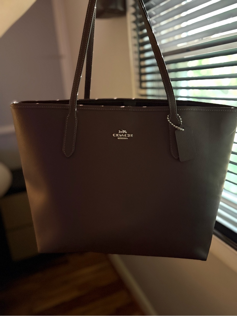 Coach Dark Brown Leather Tote with Silver Logo